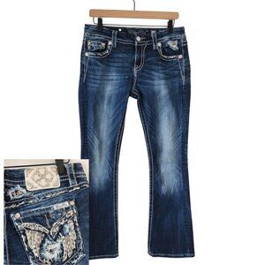 Miss Me Bedazzled Blue Jeans Y2K Low Rise Bootcut Contrast Stitching Women's 28